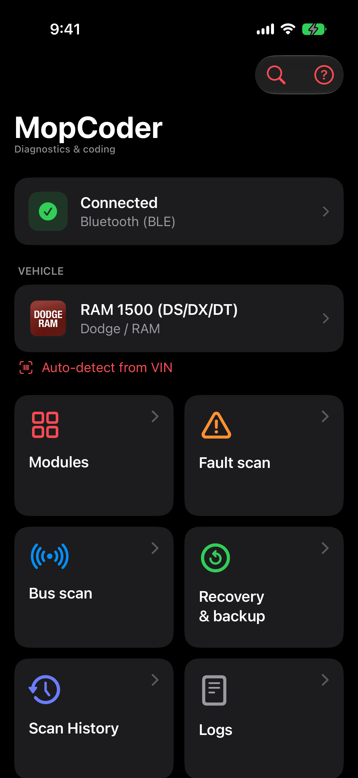 MopCoder home screen, connected to a RAM 1500