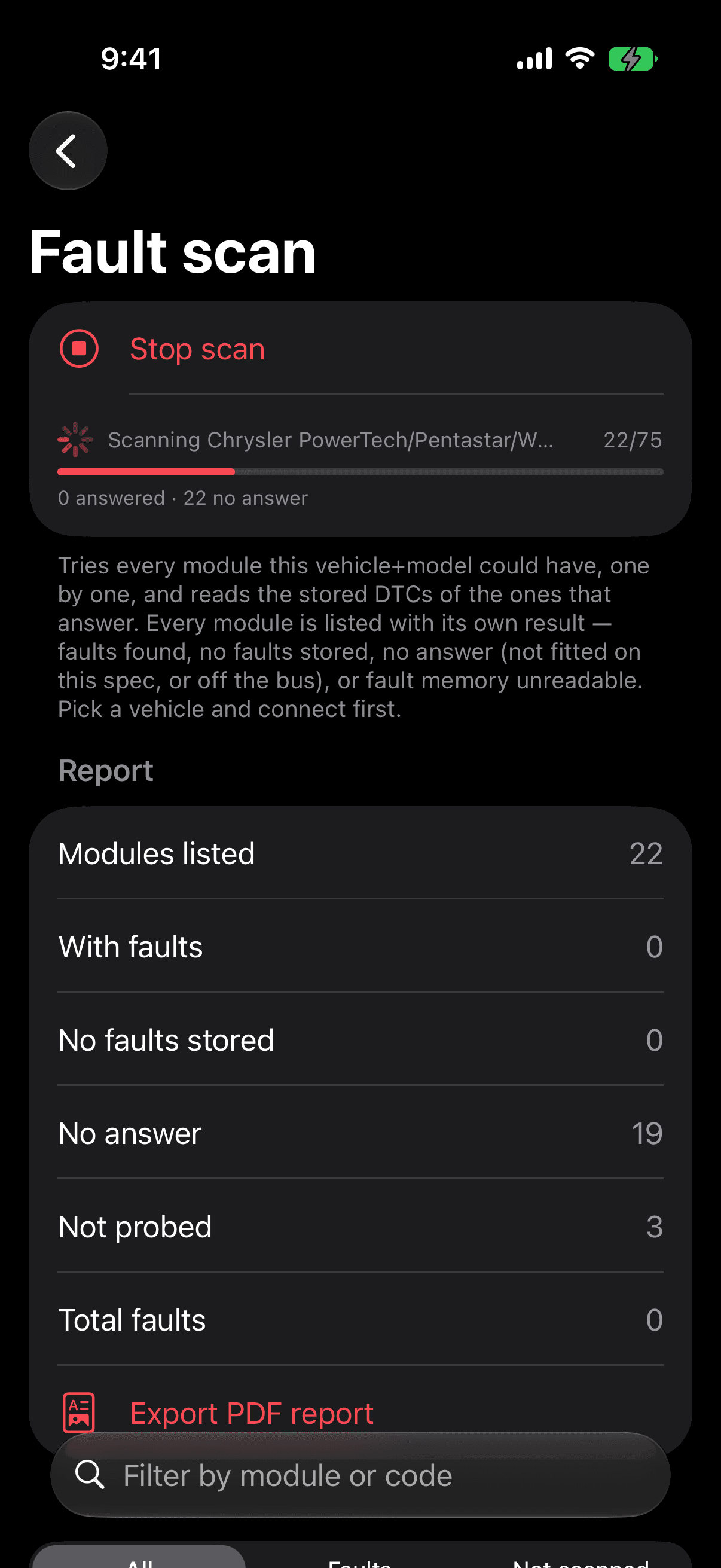 MopCoder scanning every module for stored faults