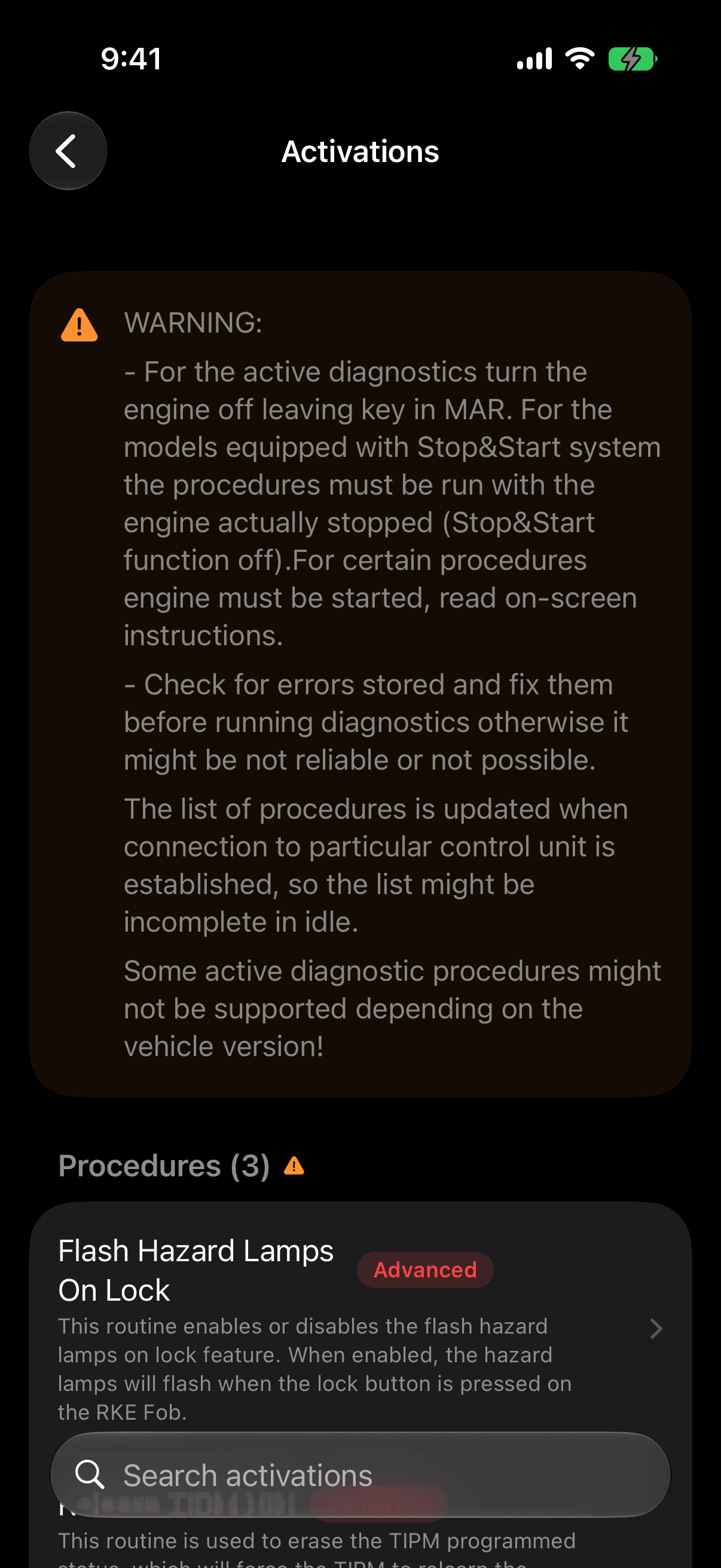 Procedures on a body computer, including flash hazard lamps on lock